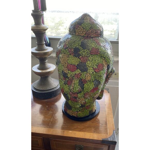 Vintage Amrita Singh Green Orange Gold Buddha Head Mosaic Sculpture 15" Tall - Picture 3 of 6